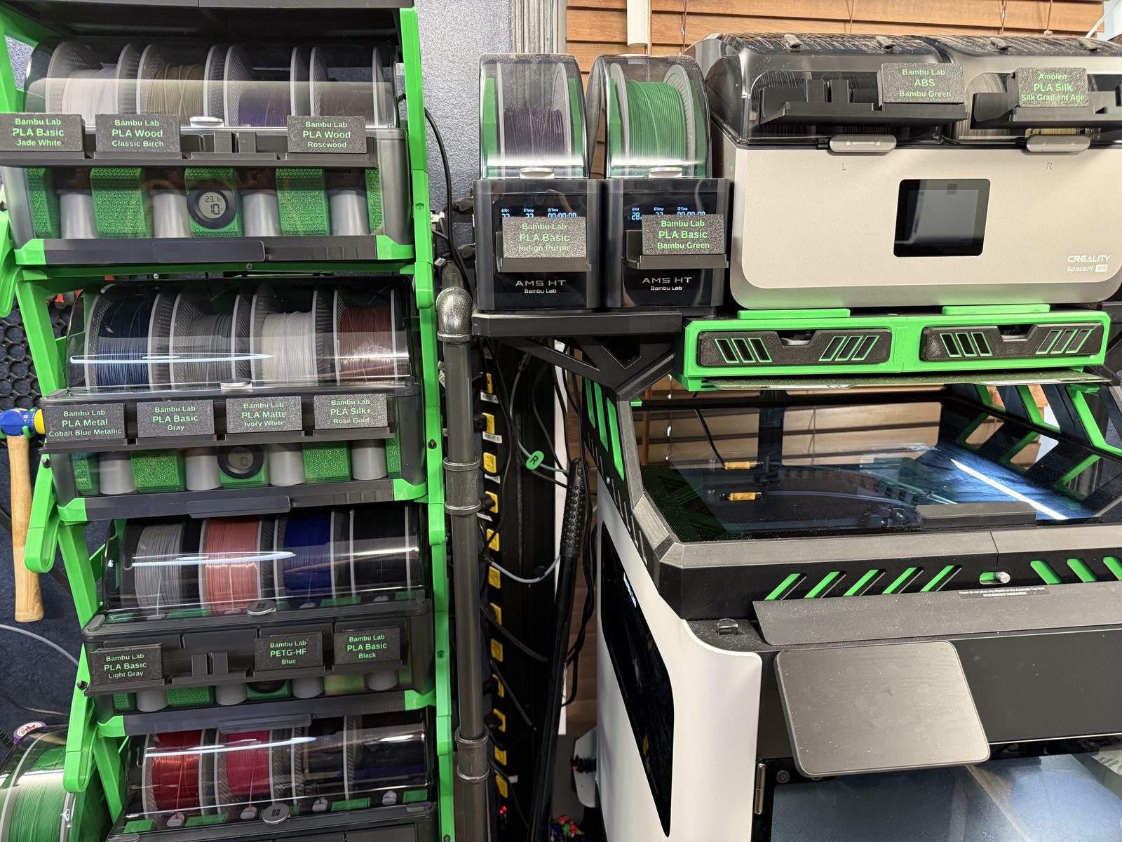 Label clips in holders mounted on AMS units and a dryer